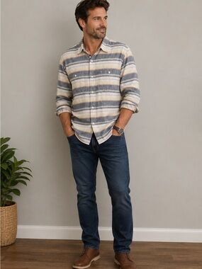 Lands’ End Traditional Fit Striped Cotton Button Front Shirt XL 17-17½
